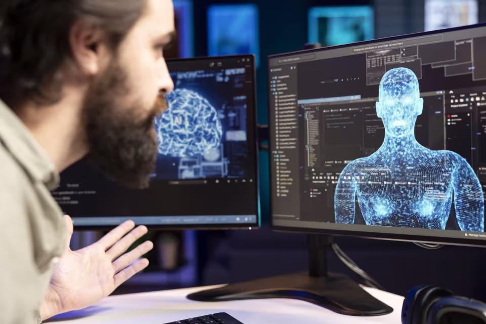Man kijkt naar twee beeldschermen met een digitaal hersenbeeld en een menselijke figuur van blauwe lijnen