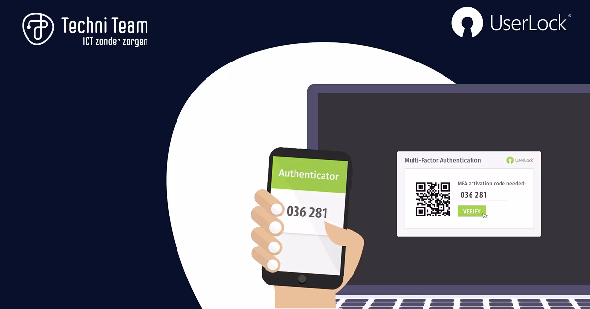 Techni Team en UserLock: een telefoon met een authenticatiecode naast een laptop met een inlogscherm met QR-code